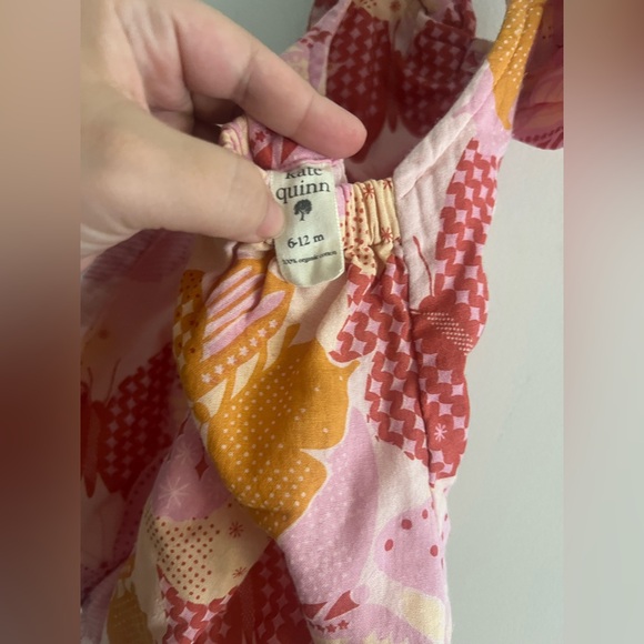 Kate Quinn Organic Cotton Halter Romper 6-12M Pink Floral Bow - Picture 3 of 3